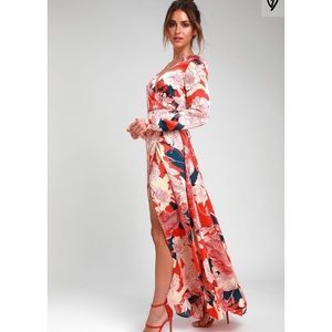 Lulus Rosanna Coral Red Floral Satin Wrap Maxi M